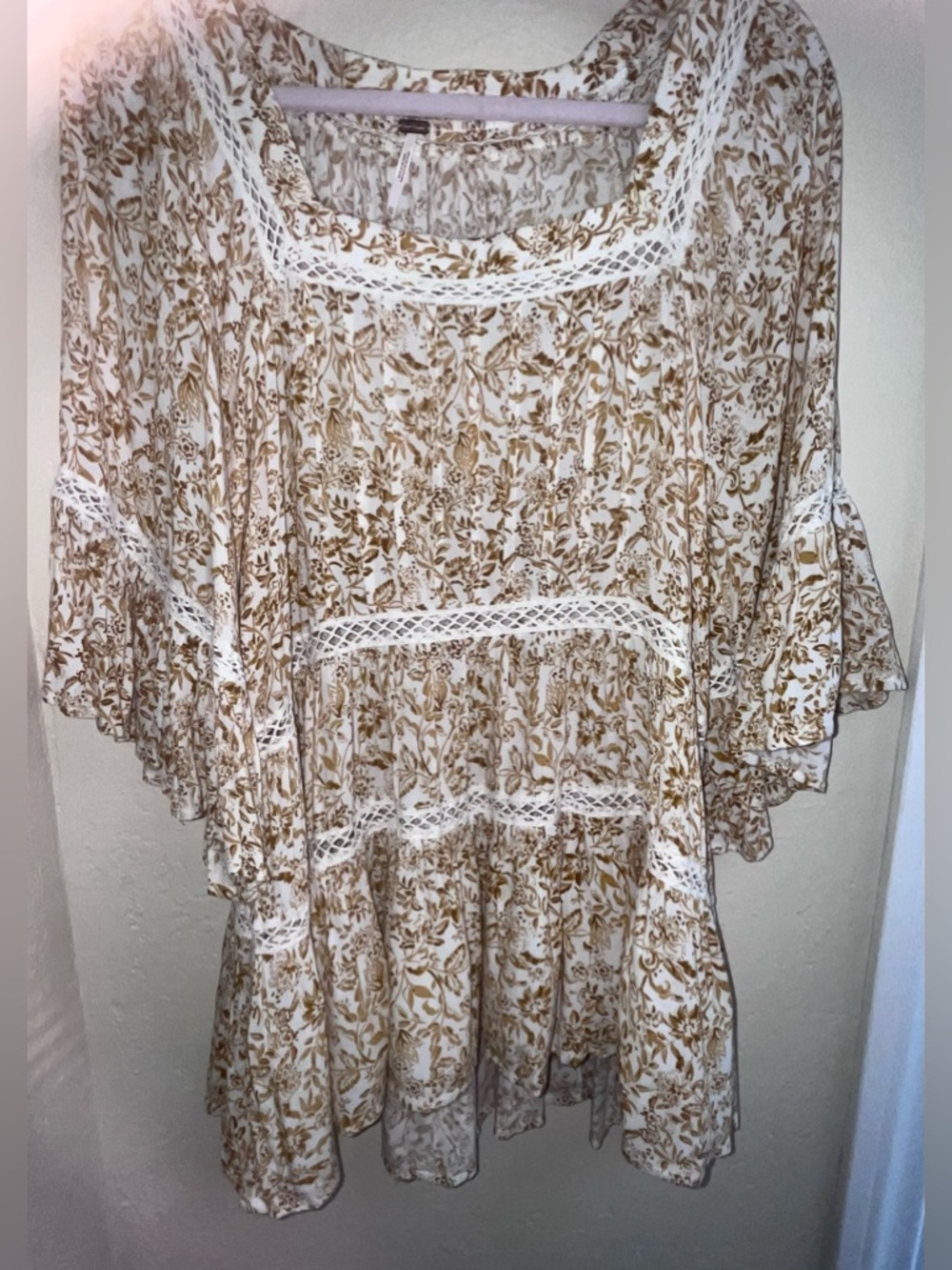 Free People Cream and Brown Floral Lace-Trim Tunic